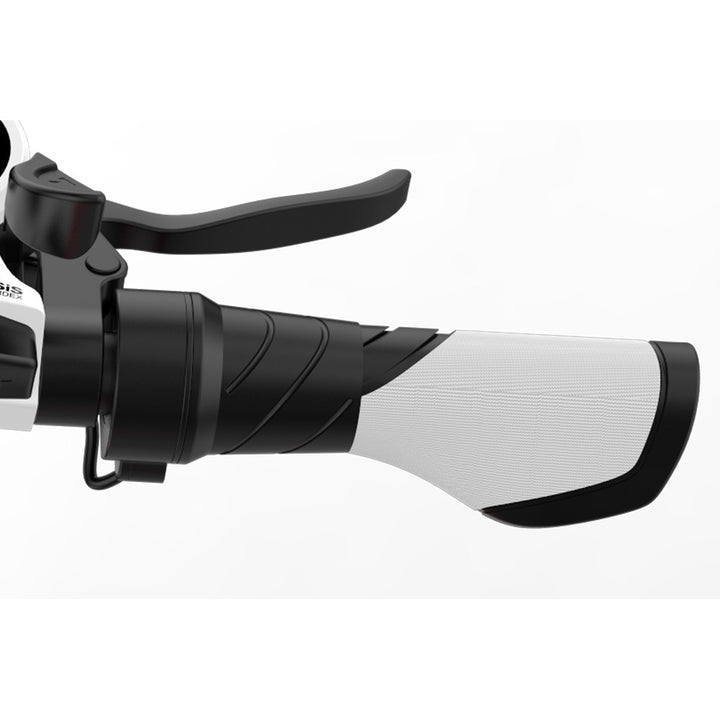 Close-up of a black and white handlebar grip on a white background