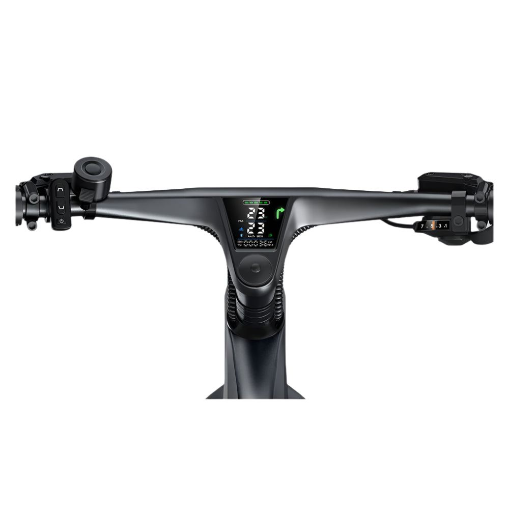 Close-up of a bicycle handlebar with digital display on a light gray background