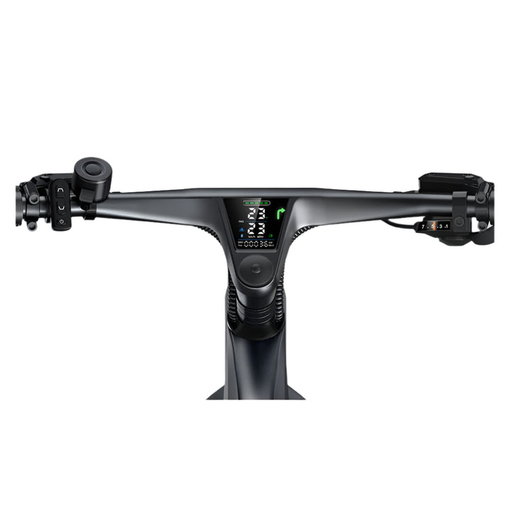 Close-up of a bicycle handlebar with digital display on a light gray background