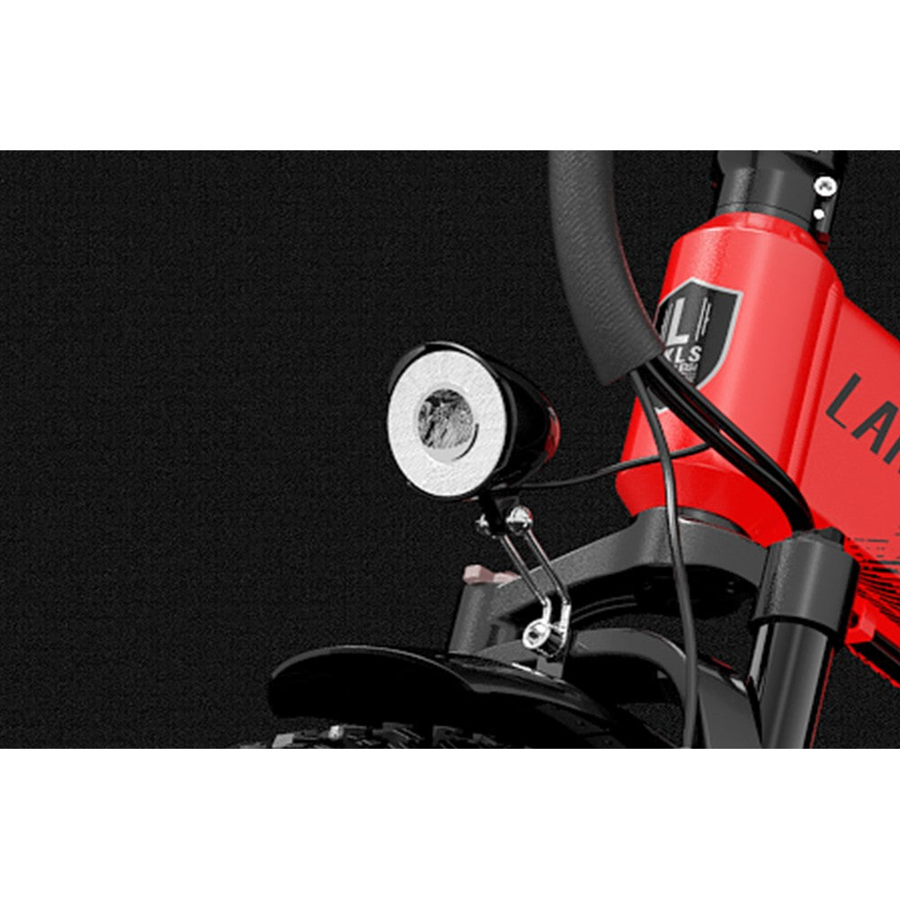 Close-up of a red and black scooter with a mirror on a black background