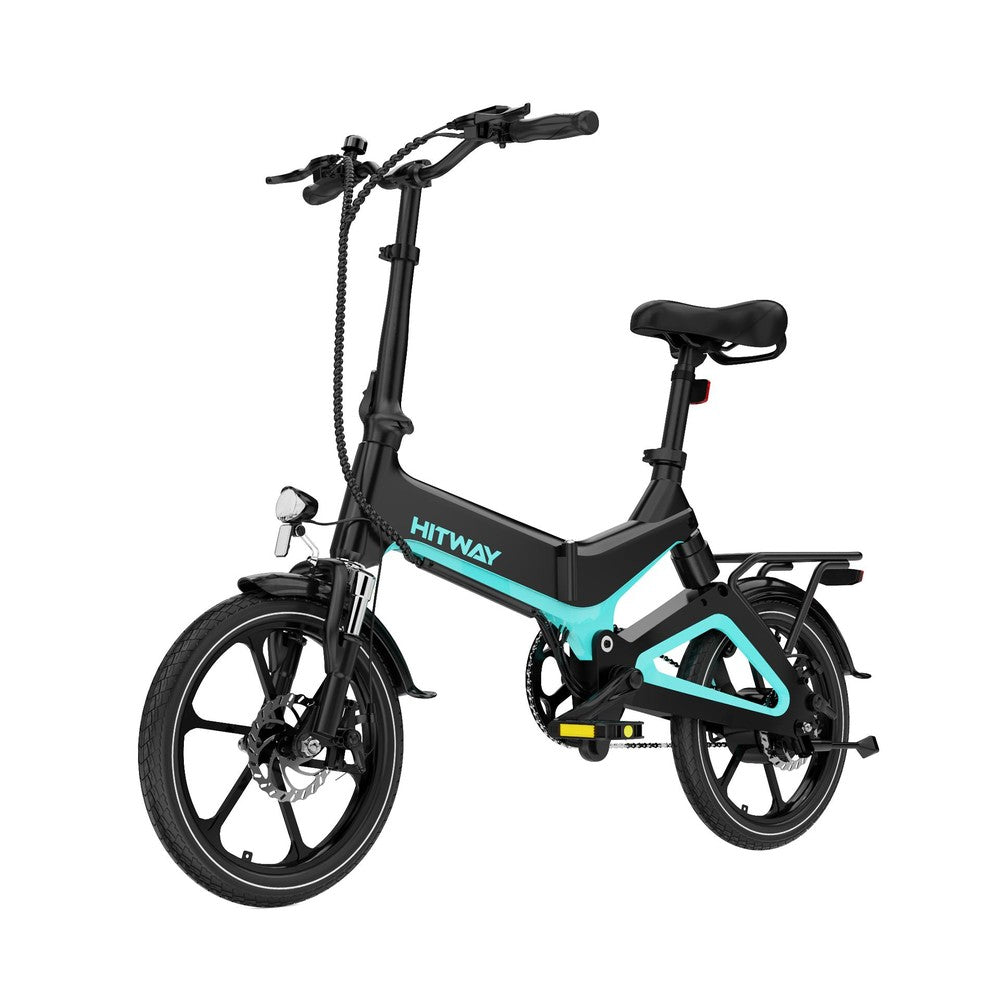 Black and teal Hitway electric bike on a white background