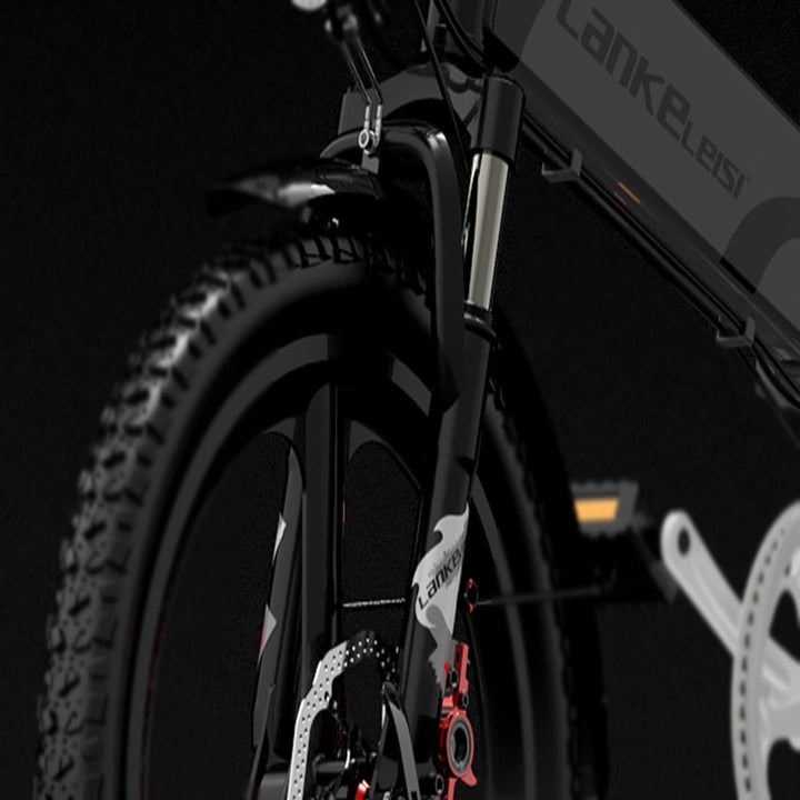 Close-up of a bicycle with 'LankeLeisi' branding on a dark background