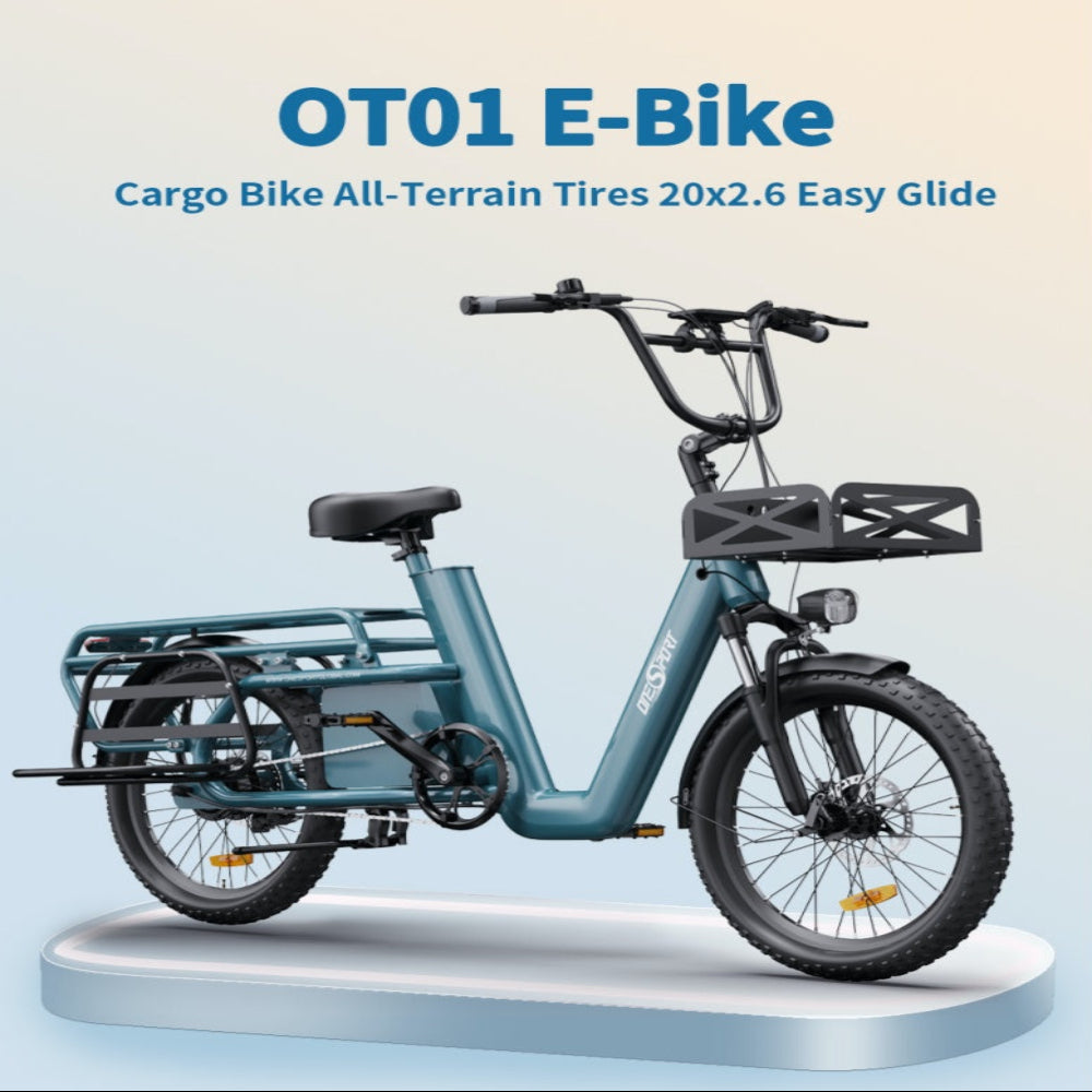 Blue electric bike on a white background with text overlay