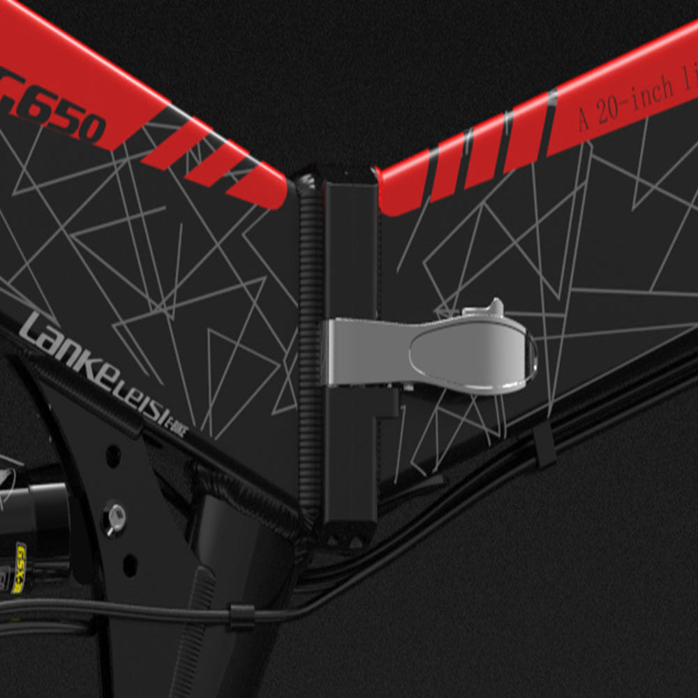 Close-up of a red and black bicycle frame with 'Lankeleisi' branding.