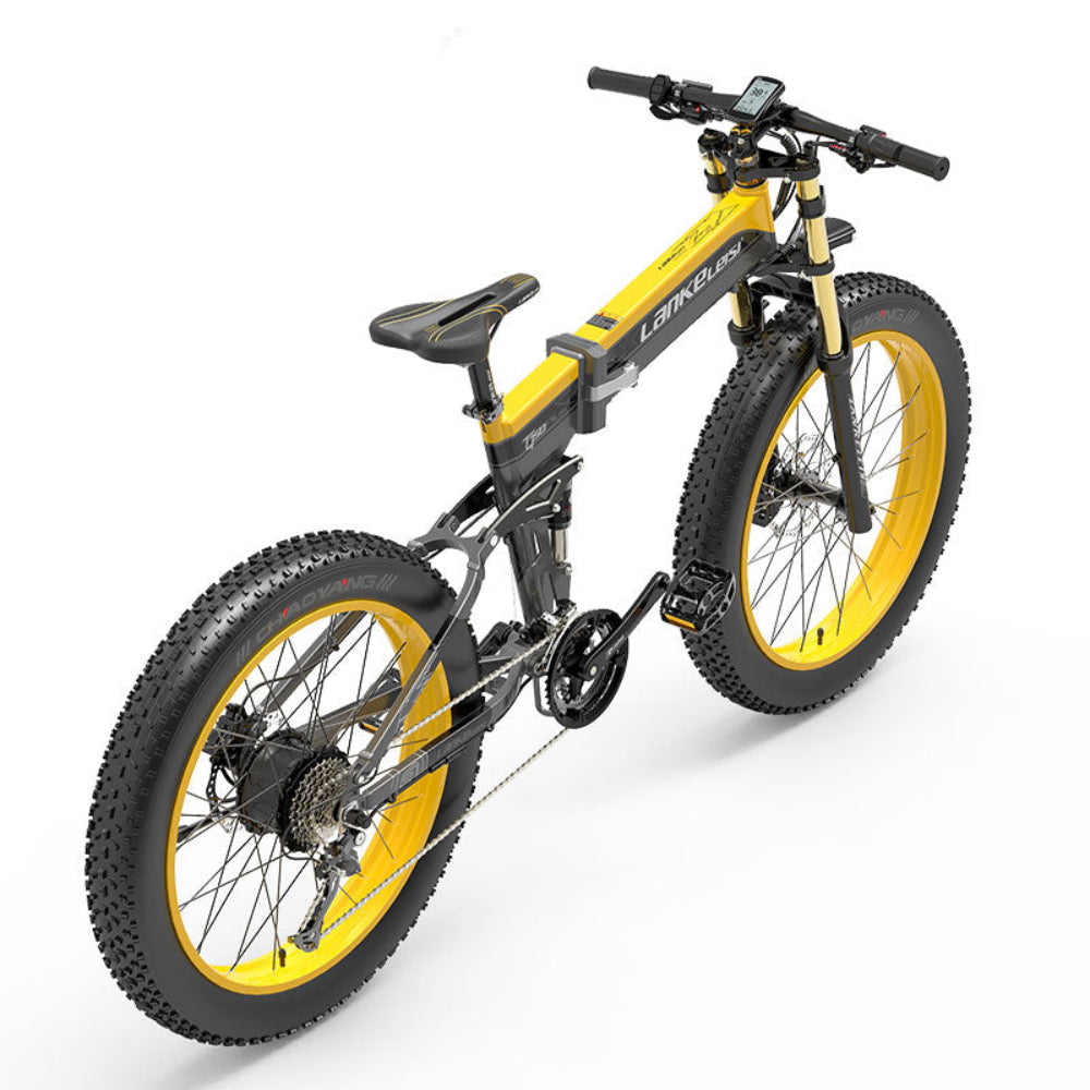 Yellow electric bike with black components on a white background