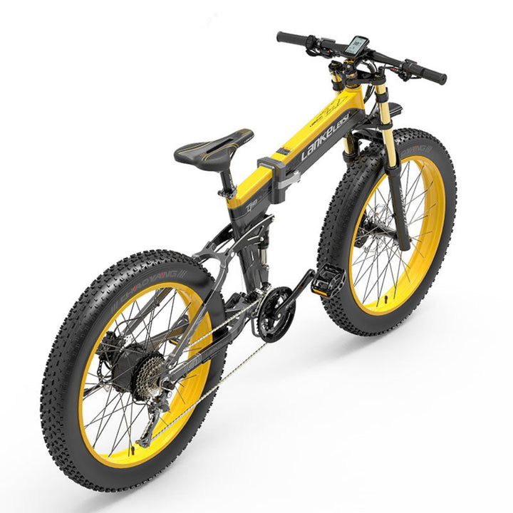 Yellow electric bike with black components on a white background