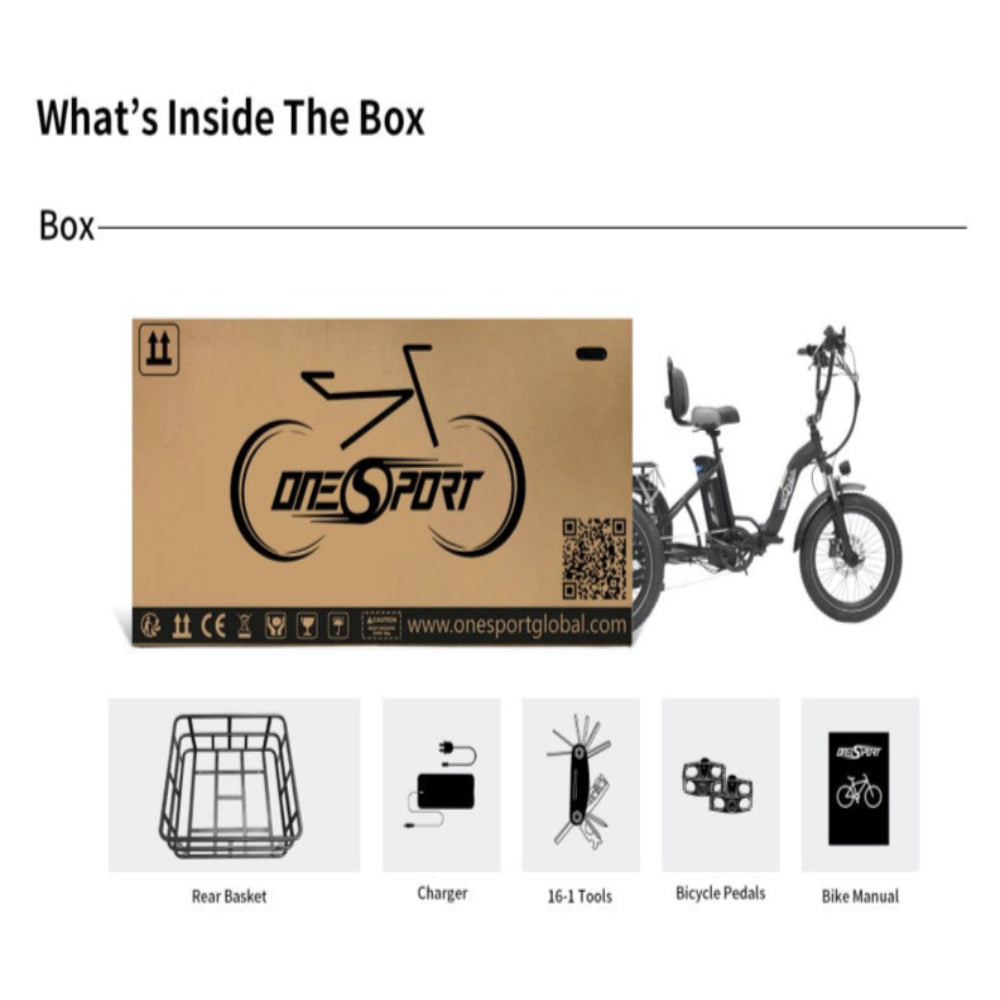E-bike packaging with contents listed below.