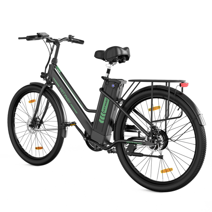Black electric bicycle with green branding on a white background