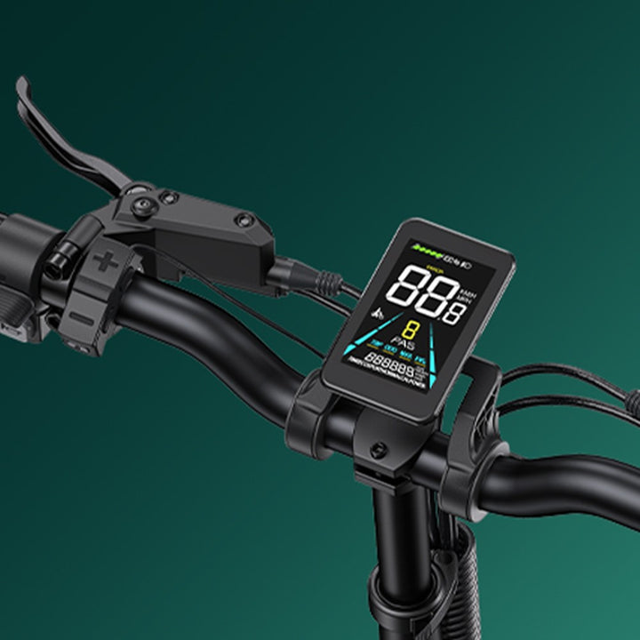 Digital display on a bicycle handlebar against a green background