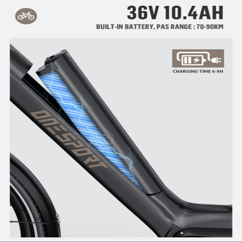 Bicycle frame with built-in battery details on a white background