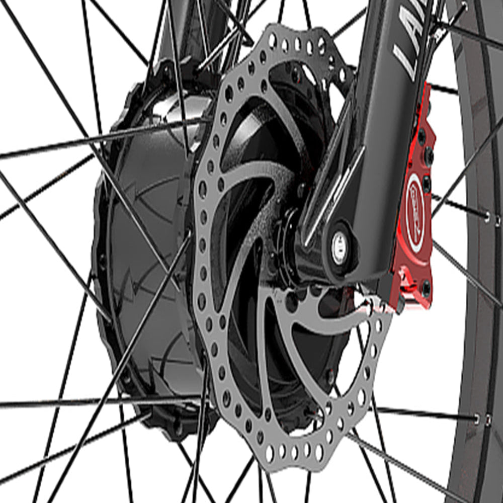 Close-up of a bicycle hub with a red Shimano component.