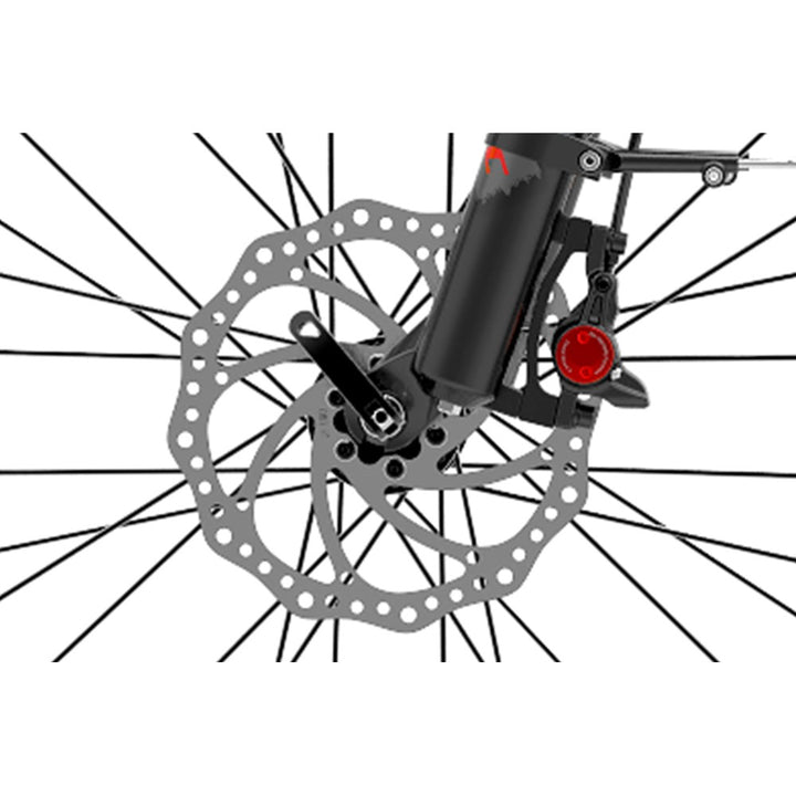 Close-up of a bicycle wheel with disc brake system on a white background