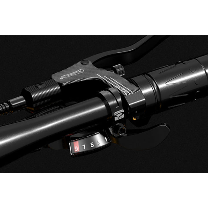 Close-up of a motorcycle handlebar with control switch on a dark background