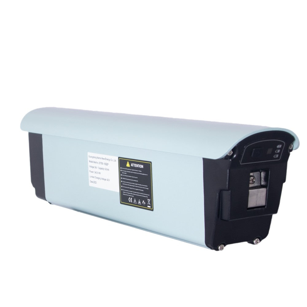 Rectangular electronic device with warning label on a white background