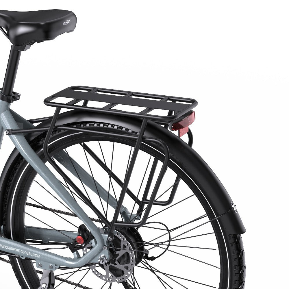 Bicycle with a black rear rack on a white background
