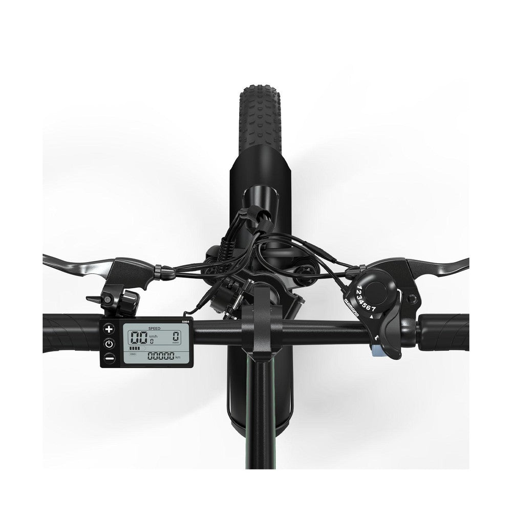 Close-up of a bicycle handlebar with digital display on a white background