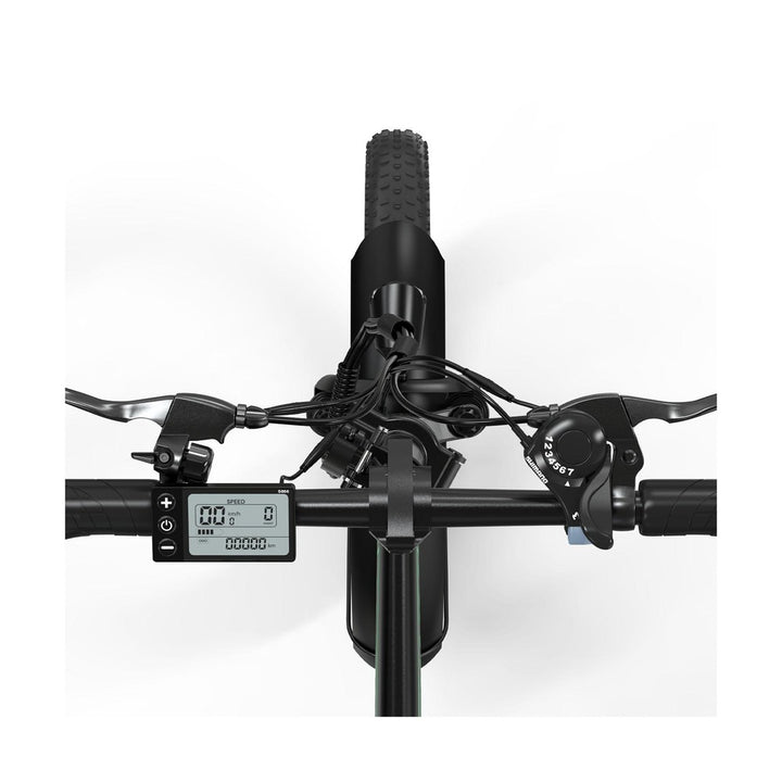 Close-up of a bicycle handlebar with digital display on a white background