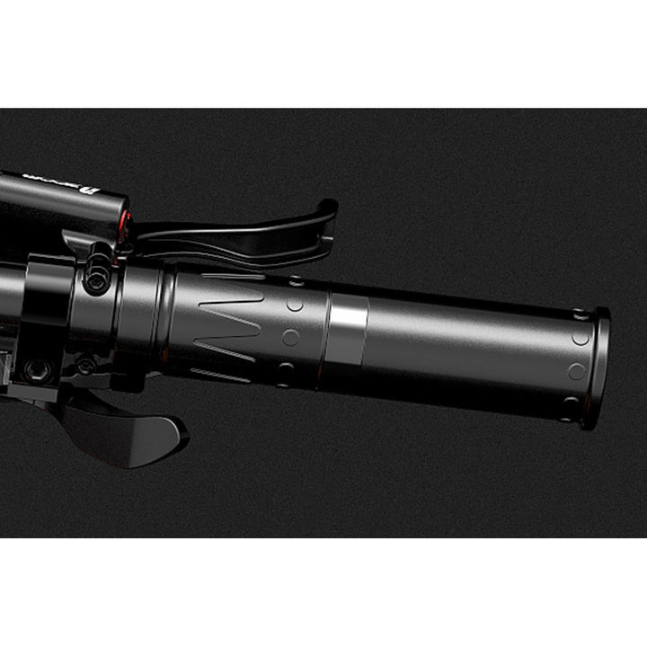 Close-up of a black and silver rifle on a dark background