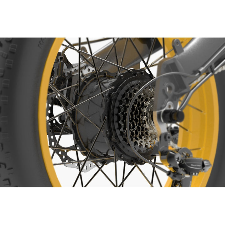Close-up of a bicycle wheel with yellow rim and black spokes on a white background