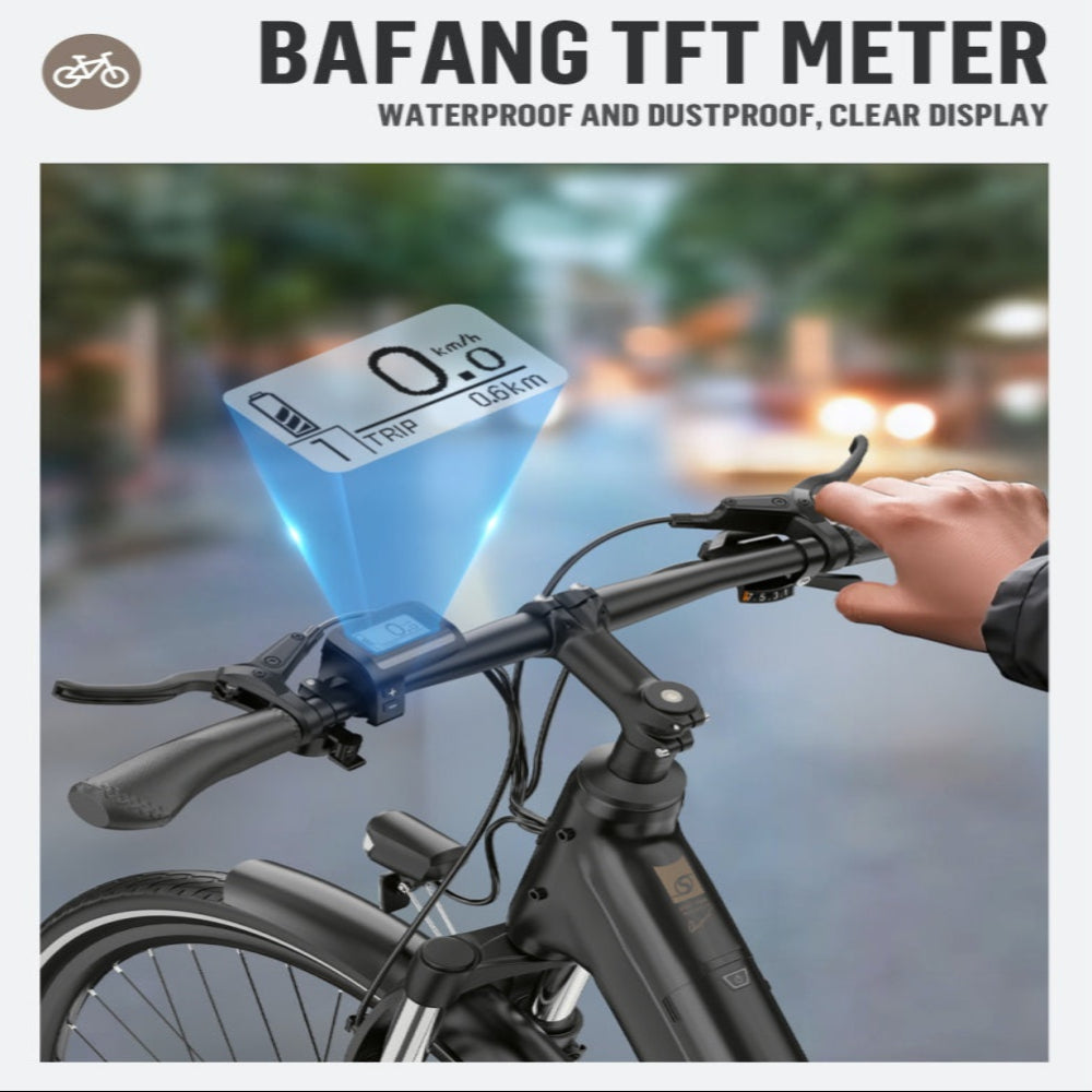 Bicycle speedometer attached to handlebars with a blurred urban background.