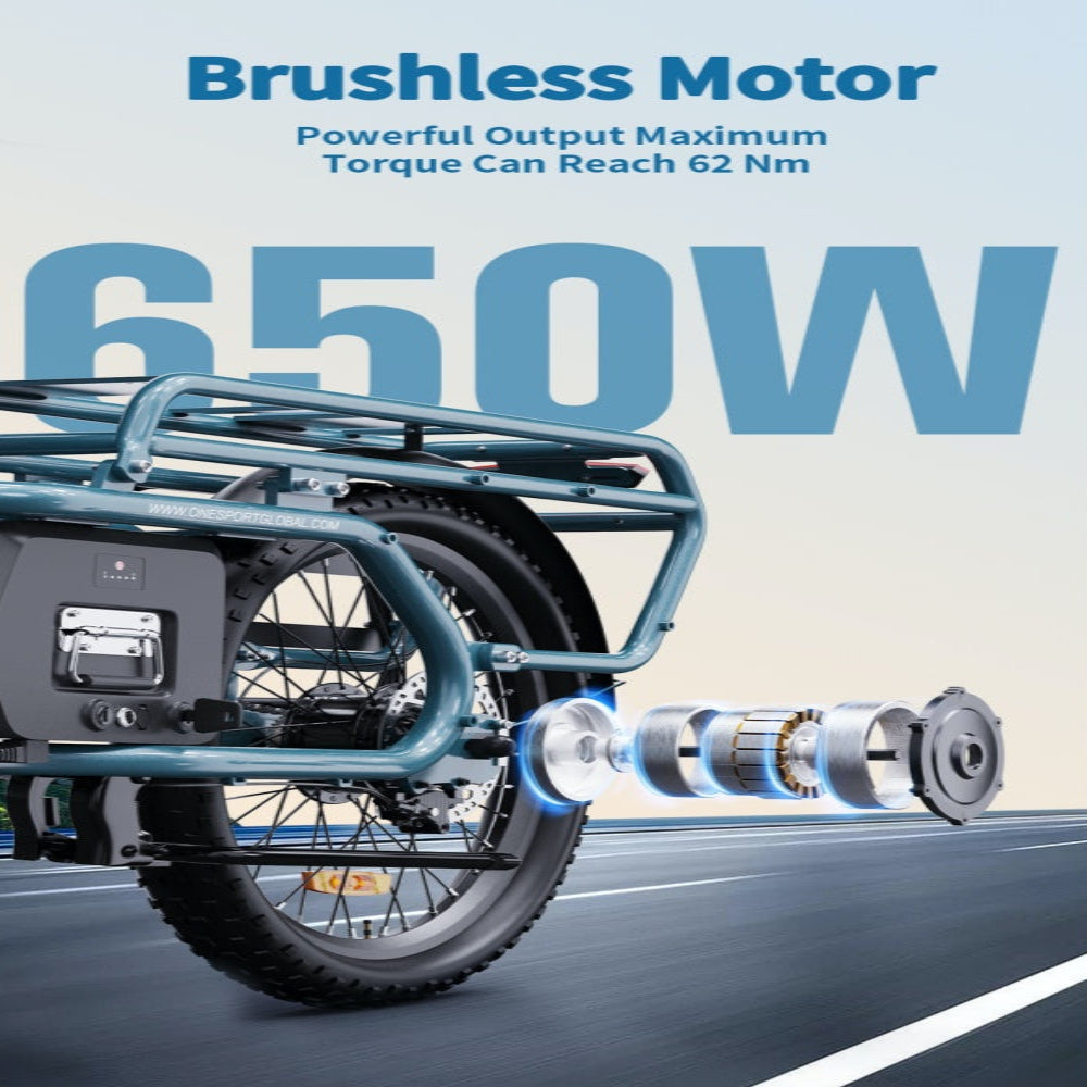 Electric bike with brushless motor and power output details.