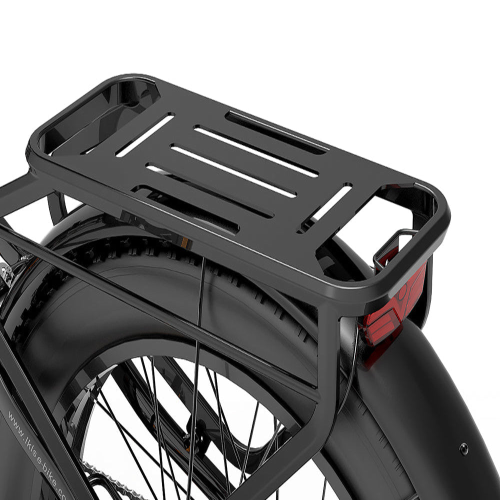 Black bicycle rack attached to a bike frame on a white background