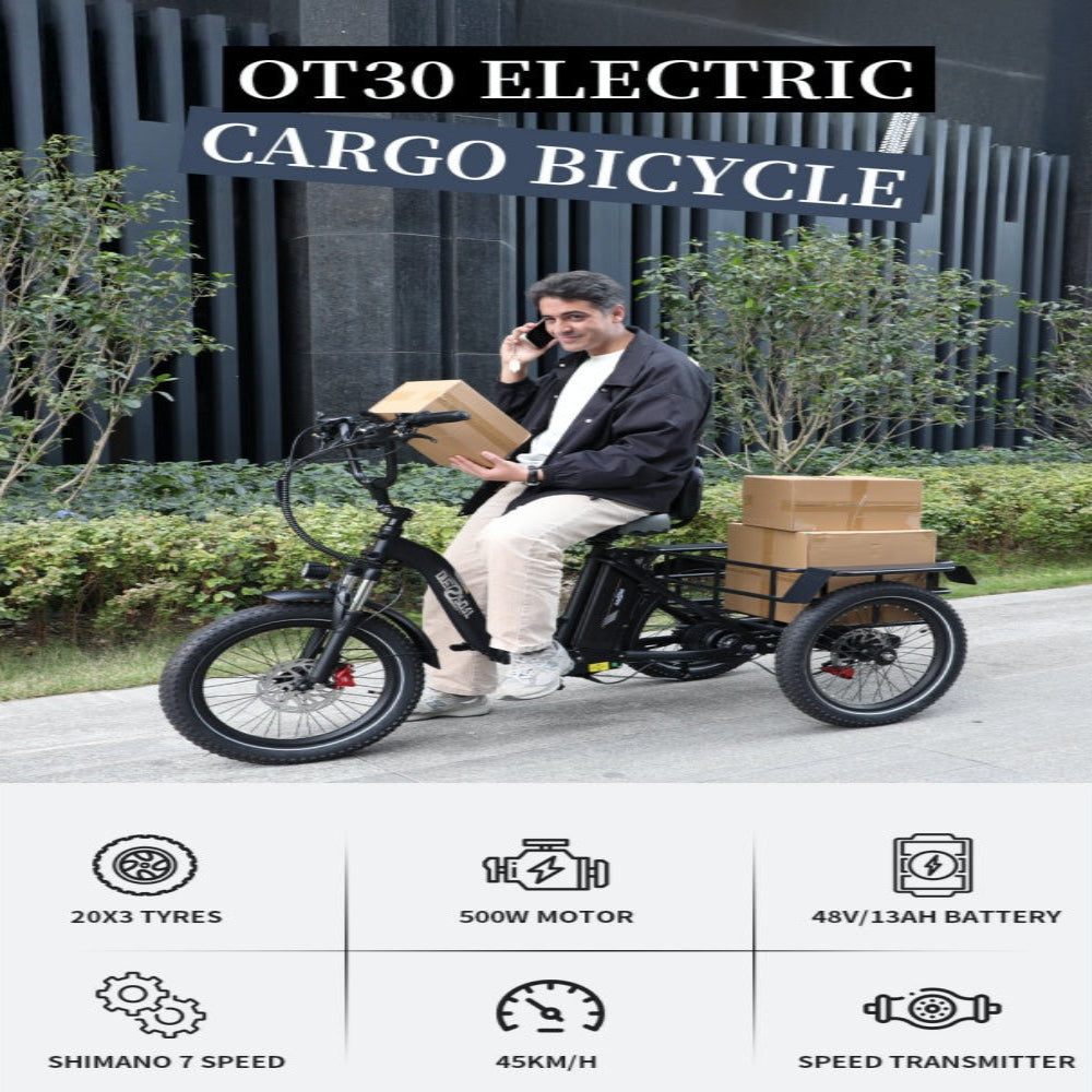 Man riding an electric cargo bicycle with features displayed below.