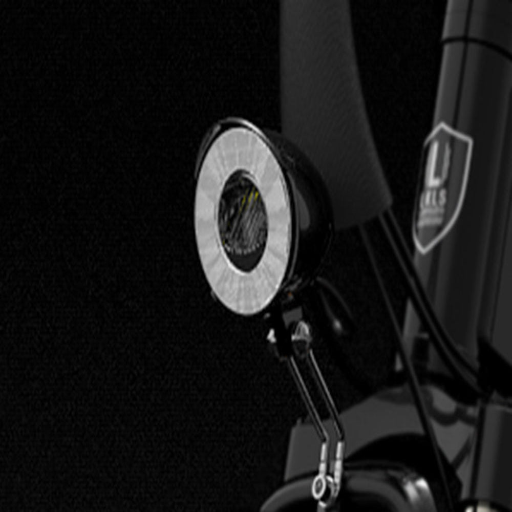 Close-up of a motorcycle mirror with a brand logo on a black background
