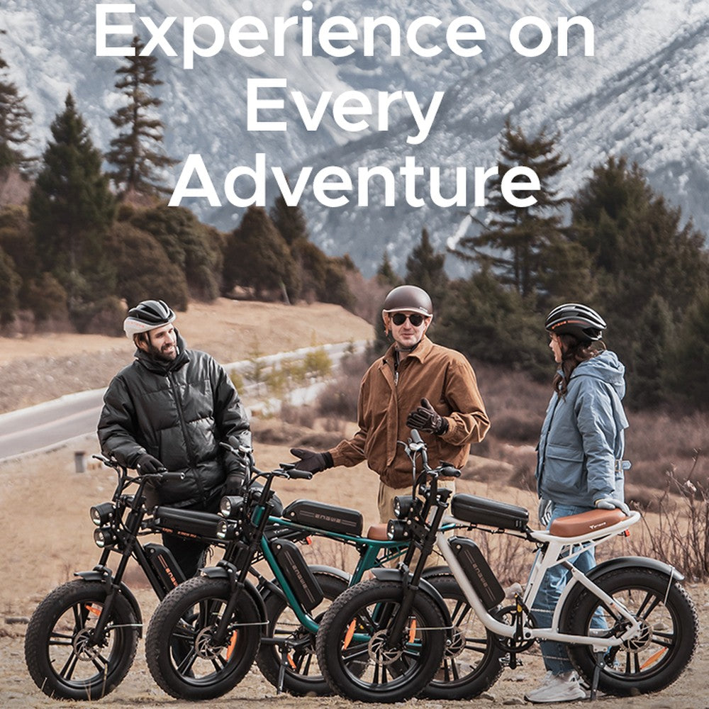 Three people with electric bikes in a mountainous area with text 'Experience on Every Adventure'.