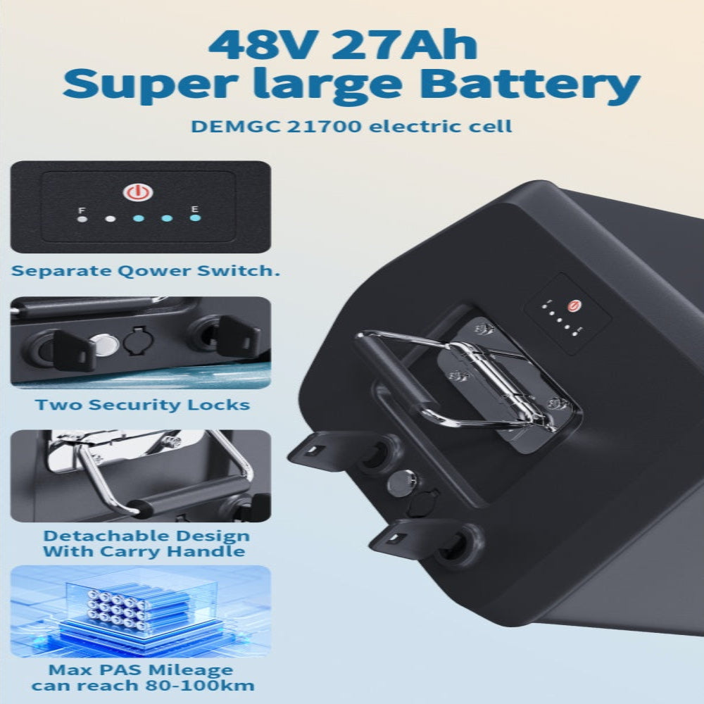 48V 27Ah super large battery with features displayed on a leaflet.