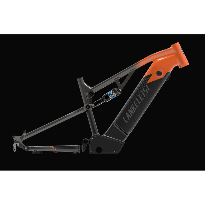 Bicycle frame with orange and black design on a white background