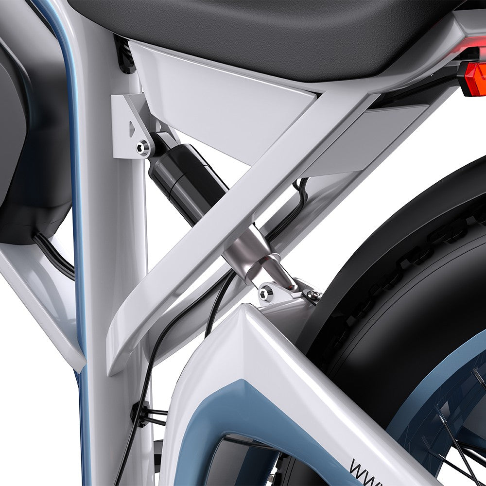Close-up of a motorcycle's rear section with a white and blue frame.