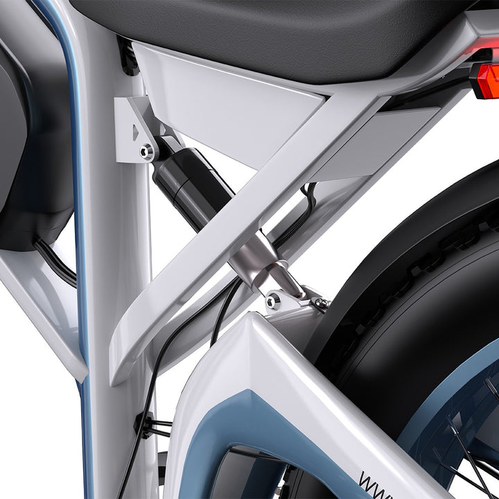 Close-up of a motorcycle's rear section with a white and blue frame.