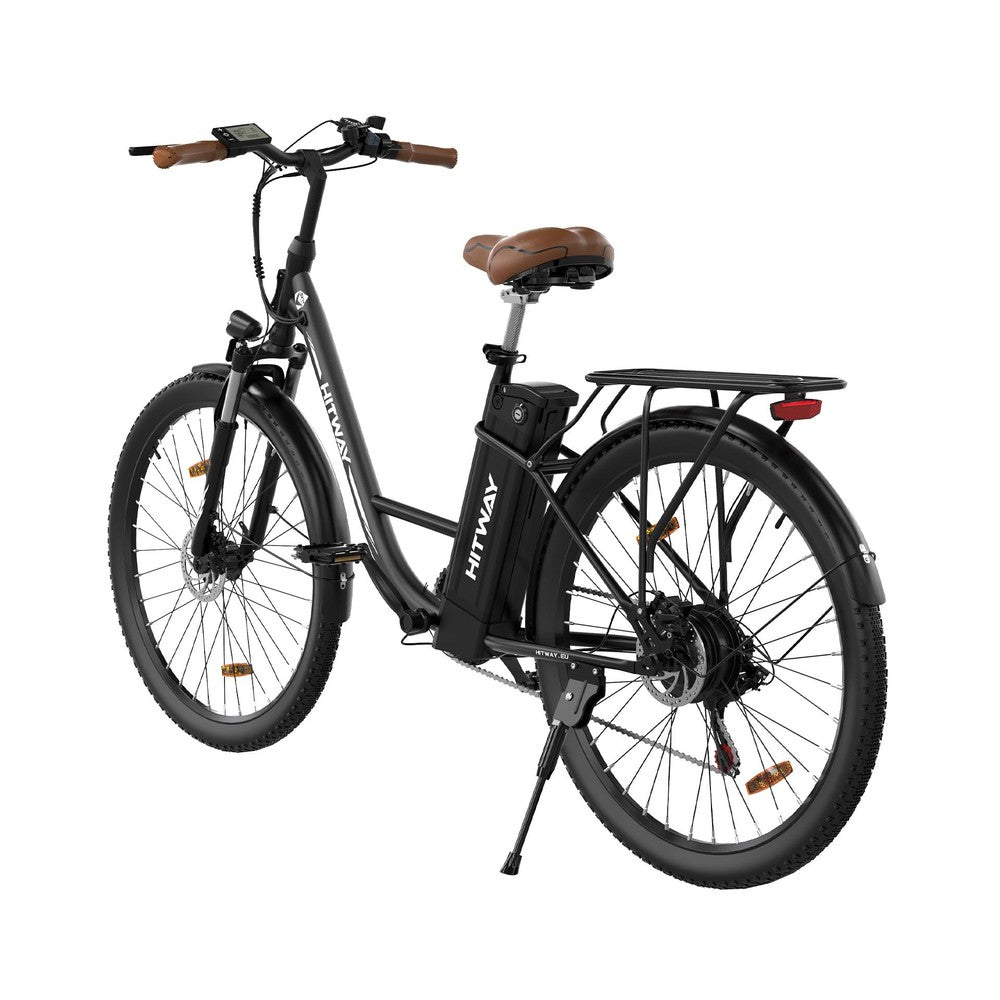 Black electric bicycle with brown seat on a white background