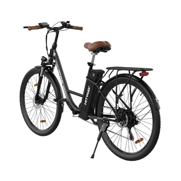 Black electric bicycle with brown seat on a white background