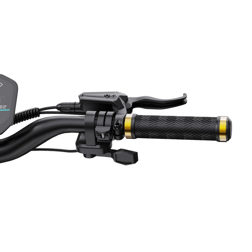 Close-up of a motorcycle handlebar with black grip and gold accents on a white background