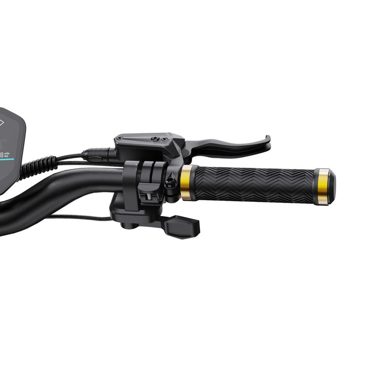 Close-up of a motorcycle handlebar with black grip and gold accents on a white background
