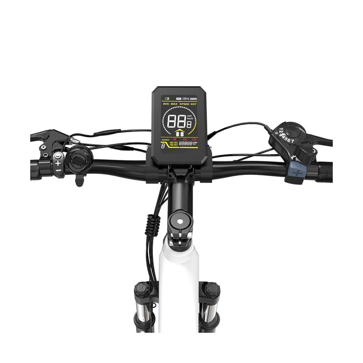 Bicycle handlebar with digital display and brake levers on a white background