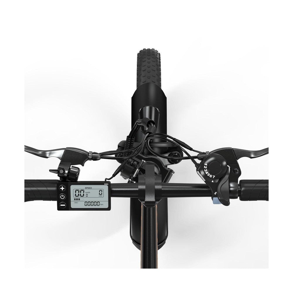 Close-up of a bicycle handlebar with digital display and brake levers on a white background