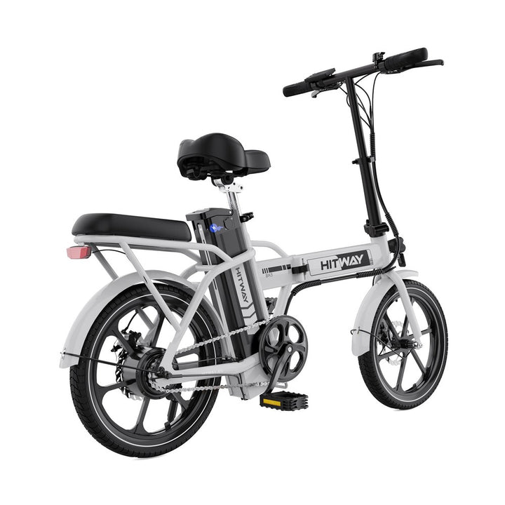White electric bike with black seat and handlebars on a white background