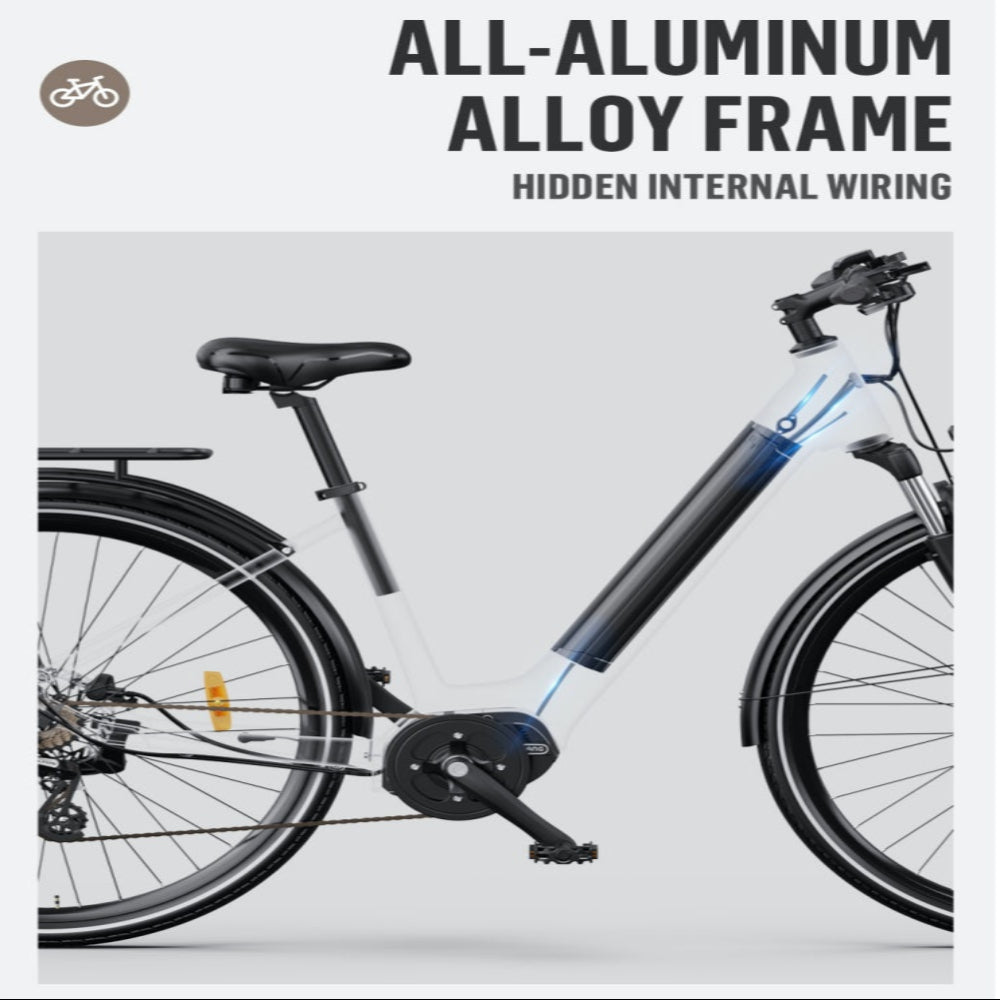 Bicycle with highlighted all-aluminum alloy frame and hidden internal wiring on a gray background.