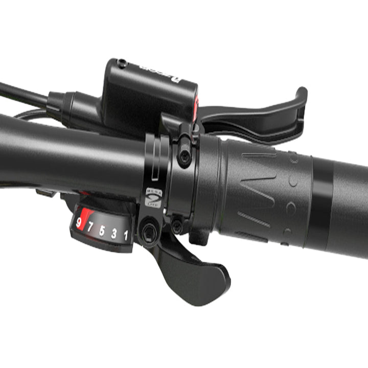 Close-up of a motorcycle handlebar with control buttons on a white background