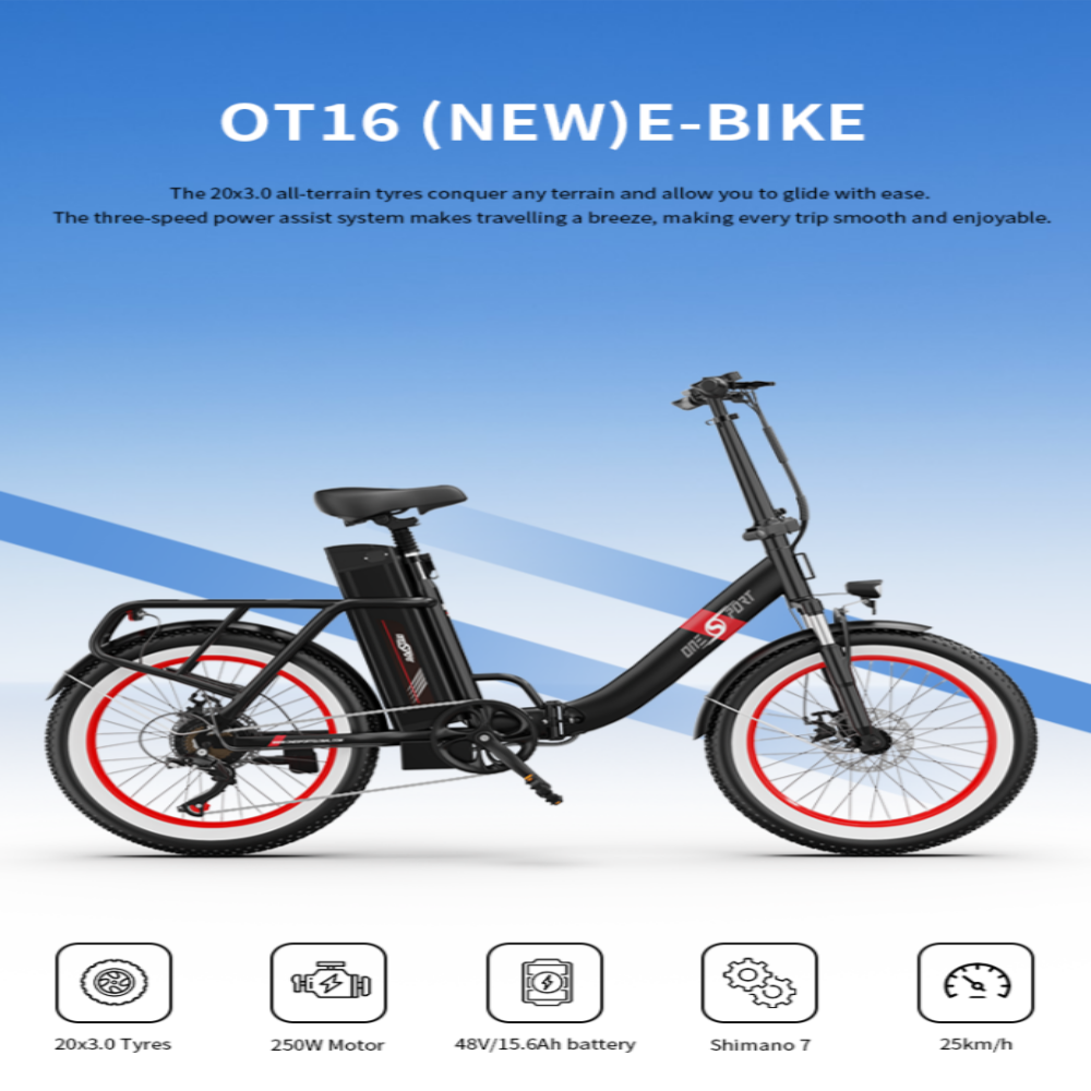 "DUO OT16-2 Folding Electric Bike in black, showcasing 20-inch frame, front and rear lights, and LCD display with Bluetooth connectivity."