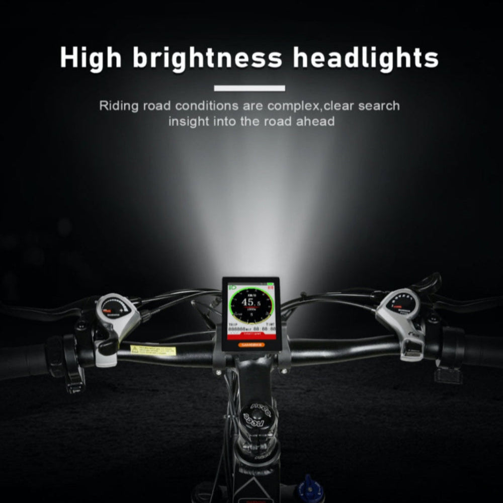 Bicycle handlebar with high brightness headlights and digital display in dark conditions.