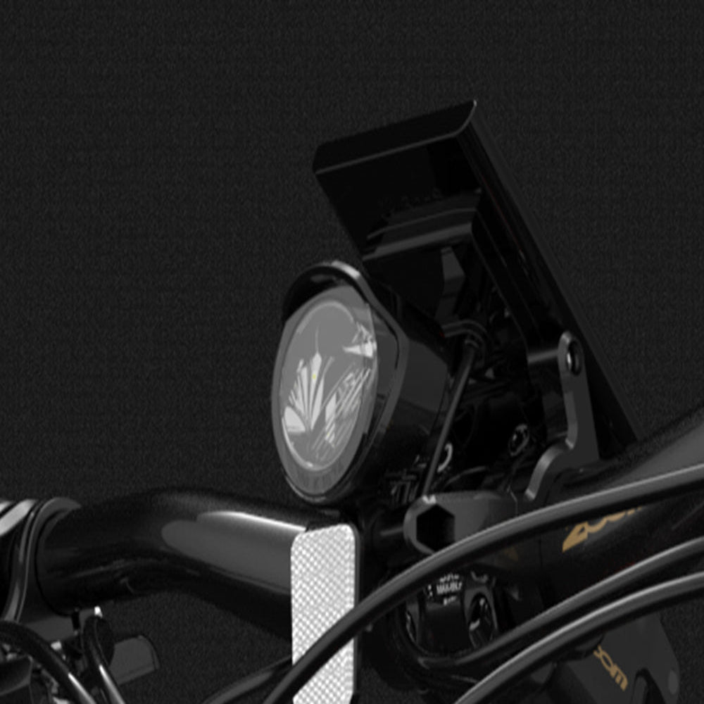 Close-up of a motorcycle handlebar with headlight and brand logo on a dark background