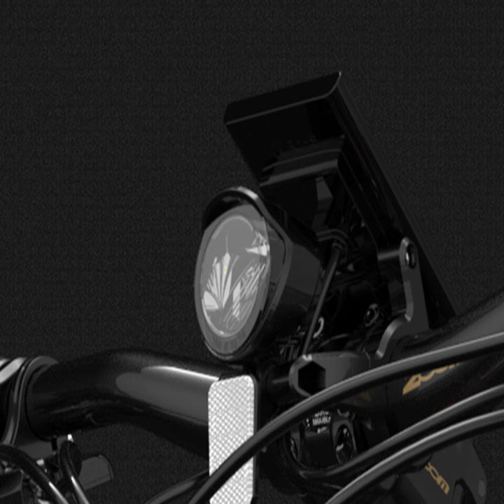 Close-up of a motorcycle handlebar with headlight and brand logo on a dark background