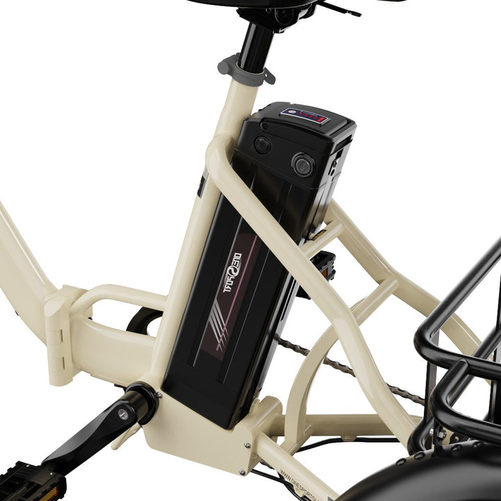 Electric bike battery pack attached to a bicycle frame on a white background