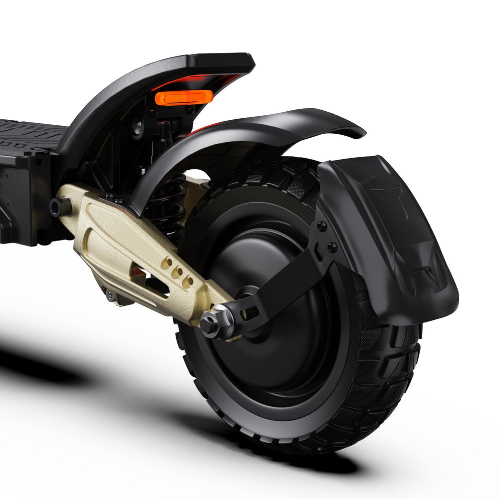 Close-up of a black electric scooter wheel on a white background
