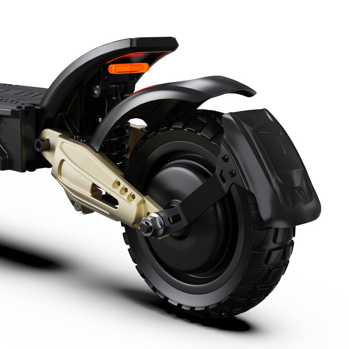 Close-up of a black electric scooter wheel on a white background