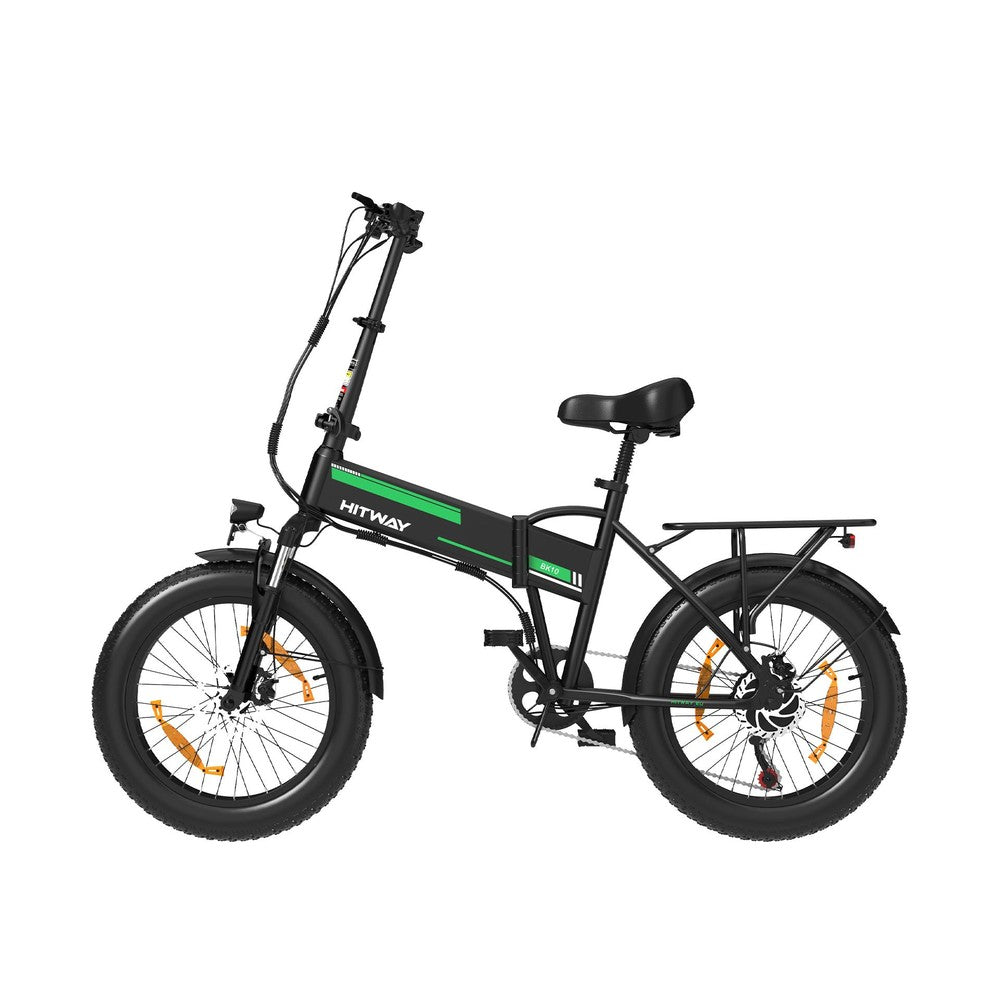 Black electric bike with green accents on a white background